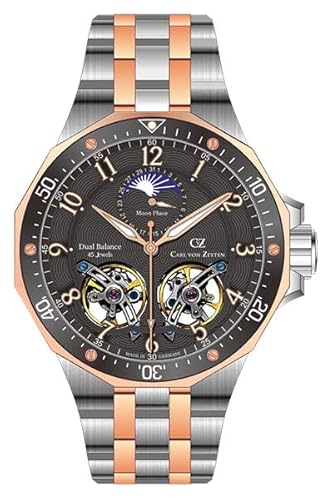 Carl von Zeyten Herren Automatikuhr CVZ0093RBKM - Dual-Balance & Mondphase - Edelstahl Bicolor 316L - Automatikwerk Cal. 225 mit 45 Steinen - Saphirglas, Made in Germany - Modell „Kirchzarten“** von Carl von Zeyten