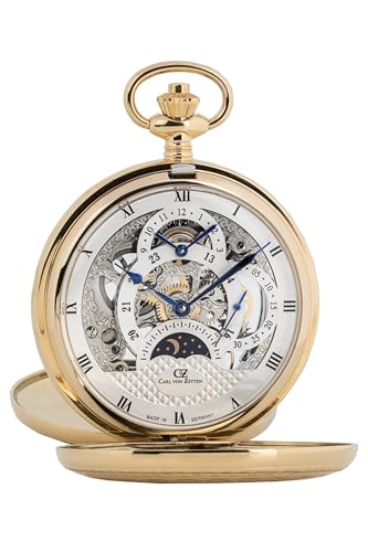 Carl von Zeyten Herrenuhr Original NEU ALB Taschenuhr Gold Skelettuhrwerk Handaufzug Zweite Zeitzone 53mm- CVZ0040GSL von Carl von Zeyten