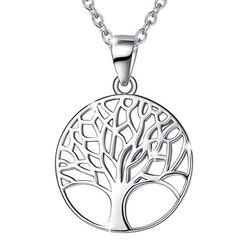 Lebensbaum Kette aus Solide 925 Sterling Silber 18mm Durchmesser Anhänger Halskette Einfach Minimalistisch Geschenk Schmuck für Damen Mädchen - Verstellbar Kettenlänge: 40 + 5 cm von Carleen