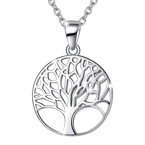 Carleen Lebensbaum Kette aus Solide 925 Sterling Silber 18mm Durchmesser Anhänger Halskette Einfach Minimalistisch Geschenk Schmuck für Damen Mädchen - Verstellbar Kettenlänge: 40 + 5 cm von Carleen