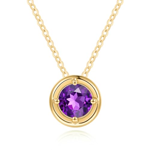 Carleen Solide 14 Karat 585 Gold Damen Kette mit Rund Geburtsstein Februar Amethyst Anhänger Halskette, Valentinstag Geschenkschmuck für Damen Mädchen - Anhänger Durchmesser: 8.5 mm von Carleen