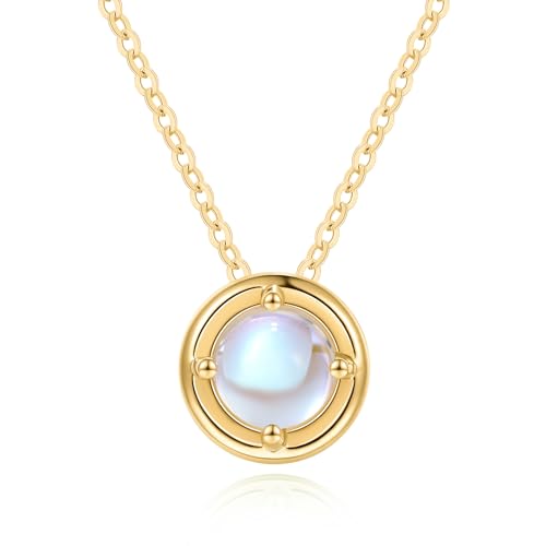 Carleen Solide 14 Karat 585 Gold Damen Kette mit Rund Geburtsstein Juni Mondstein Anhänger Halskette, Valentinstag Geschenkschmuck für Damen Mädchen - Anhänger Durchmesser: 8.5 mm von Carleen