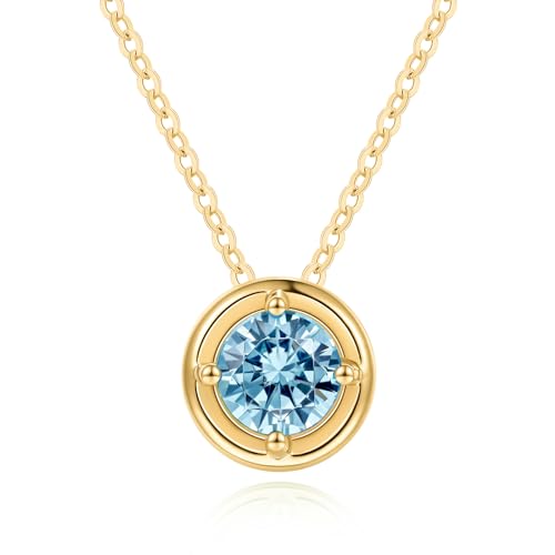 Carleen Solide 14 Karat 585 Gold Damen Kette mit Rund Geburtsstein März Aquamarin Anhänger Halskette, Valentinstag Geschenkschmuck für Damen Mädchen - Anhänger Durchmesser: 8.5 mm von Carleen