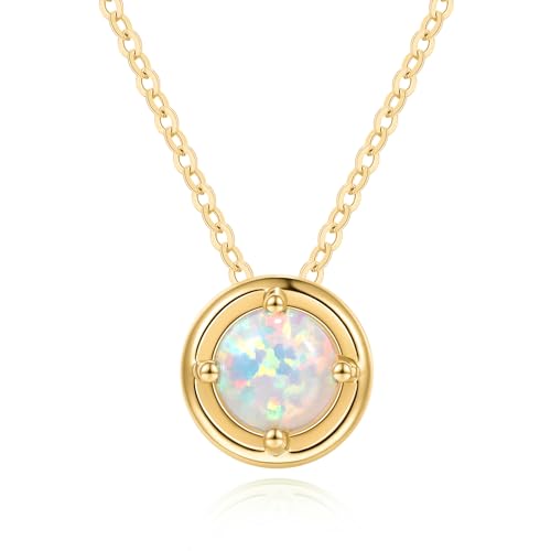 Carleen Solide 14 Karat 585 Gold Damen Kette mit Rund Geburtsstein Oktober Opal Anhänger Halskette, Valentinstag Geschenkschmuck für Damen Mädchen - Anhänger Durchmesser: 8.5 mm von Carleen