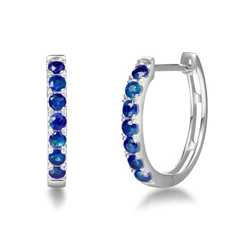 Carleen Solide 14 Karat 585 Weiß Gold Creolen Huggies Ohrringe mit Echt Natürlich Blau Saphir Schmuck für Damen Mädchen, Durchmesser: 15 mm von Carleen
