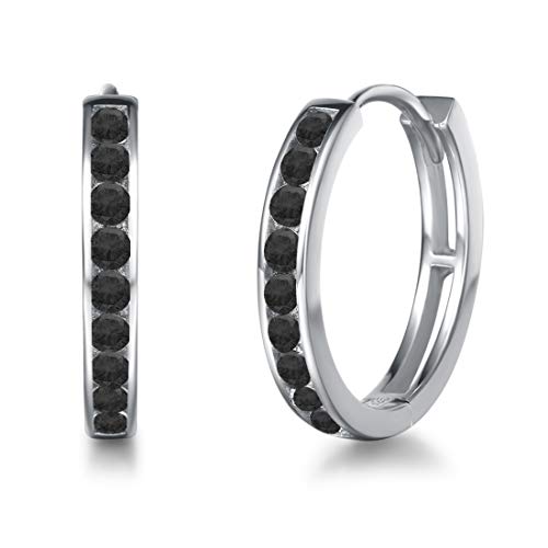 Creolen Ohrringe 925 Sterling Silber mit Zirkonia Sleeper Hoop Earrings Huggie Kreolen Ohrschmuck für Damen, Durchmesser 18 mm - Schwarz von Carleen