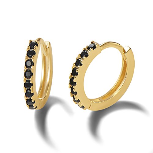 Damen Creolen Ohrringe 925 Sterling Silber Gold Vergoldet mit Zirkonia, Durchmesser: 11 mm - Schwarz von Carleen