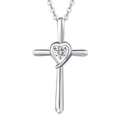 Damen Halskette mit Herz Kreuz Anhänger aus 925 Sterling Silber mit Zirconia - Verstellbar Kettenlänge: 40 + 5 cm von Carleen