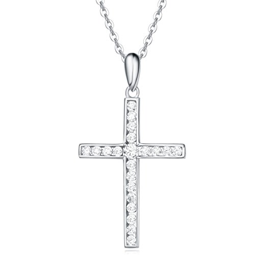 Damen Halskette mit Kreuz Christian Anhänger aus 925 Sterling Silber mit Zirconia - Verstellbar Kettenlänge: 40 + 5 cm von Carleen