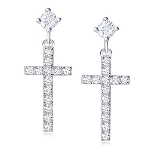 Damen Kreuz Ohrringe Ohrhänger aus 925 Sterling Silber Weiß Gold Plattiert mit Rundschliff Cubic Zirkonia Schmuck für Damen Mädchen Kinder - Größe: 22 * 10 mm von Carleen