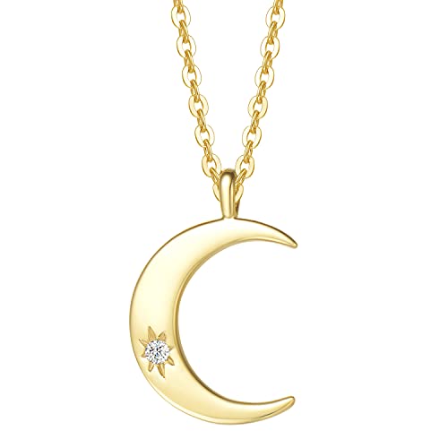 Solide 14 Karat 585 Gelb Gold Mond Anhänger Kette klein Basic Minimalist Halskette mit Natürlich Diamant 0,015 ct Echt Schmuck für Damen Mädchen mit Geschenk Box - Verstellbar Kettenlänge: 40 + 5 cm von Carleen