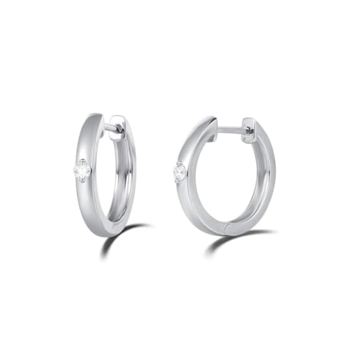 Solide 14 Karat 585 Weiß Gold Creolen Huggies Ohrringe mit Natürlichem Diamant 0,05 ct Echt Schmuck für Damen Mädchen - Durchmesser: 14 mm von Carleen