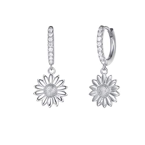 Solide 925 Sterling Silber Creolen Ohrringe Hängend Klein Ohrhänger mit Zirkonia Runde Sonnenblume Daisy Blumen Anhänger Geschenk Schmuck für Damen Mädchen Mama Kinder - Größe: 26 * 10.7 mm von Carleen