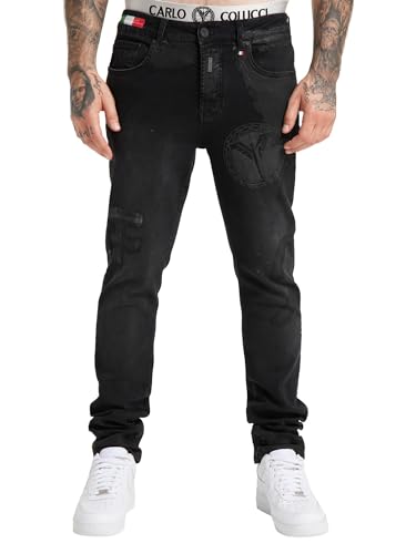 Carlo Colucci Destroyed Jeans im Used-Look mit Logopatch Schwarz 36W von Carlo Colucci