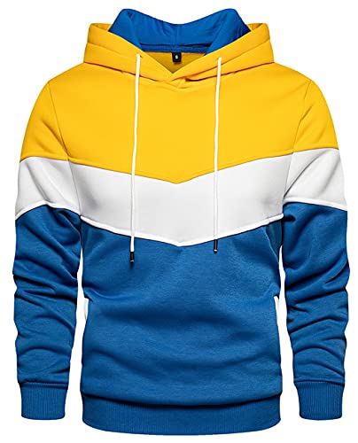 Hoodie Herren Kapuzenpullover Pullover Sweatshirt Langarm Farbblock Sweatjacke Casual Sport Outwear mit Tasche B-Gelb L von Carlota