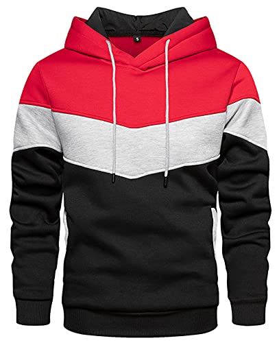 Hoodie Herren Kapuzenpullover Pullover Sweatshirt Langarm Farbblock Sweatjacke Casual Sport Outwear mit Tasche B-Rot XXL von Carlota