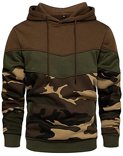 Hoodie Herren Kapuzenpullover Pullover Sweatshirt Langarm Farbblock Sweatjacke Casual Sport Outwear mit Tasche B-Tarnung Braun M von Carlota