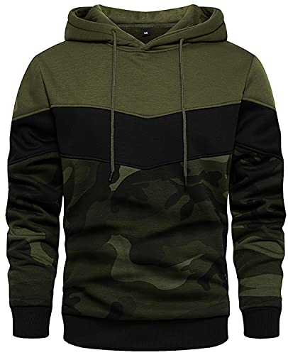 Hoodie Herren Kapuzenpullover Pullover Sweatshirt Langarm Farbblock Sweatjacke Casual Sport Outwear mit Tasche B-Tarnung Grün M von Carlota