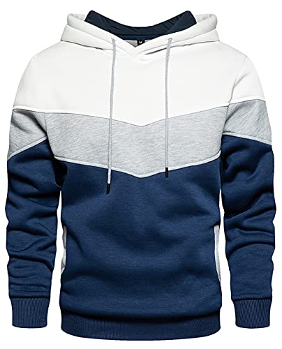 Hoodie Herren Kapuzenpullover Pullover Sweatshirt Langarm Farbblock Sweatjacke Casual Sport Outwear mit Tasche B-Weiß L von Carlota