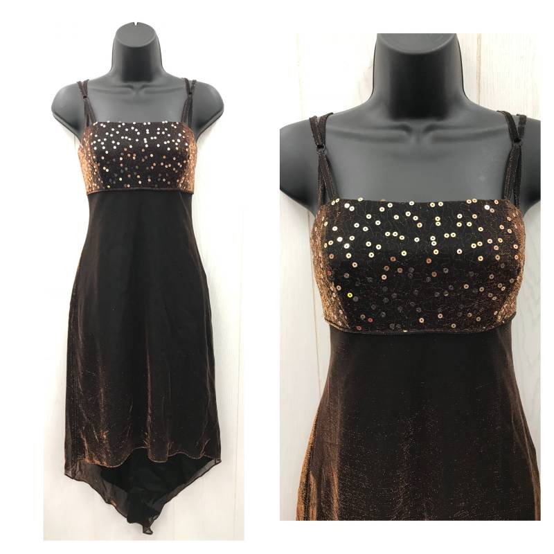 Vintage 90Er Jahre Party Kleid Braun Kupfer Schimmern Schillernden Ball Cocktail Jump Bekleidung Co Sz 7/8 Klein von Carmelacandyvintage