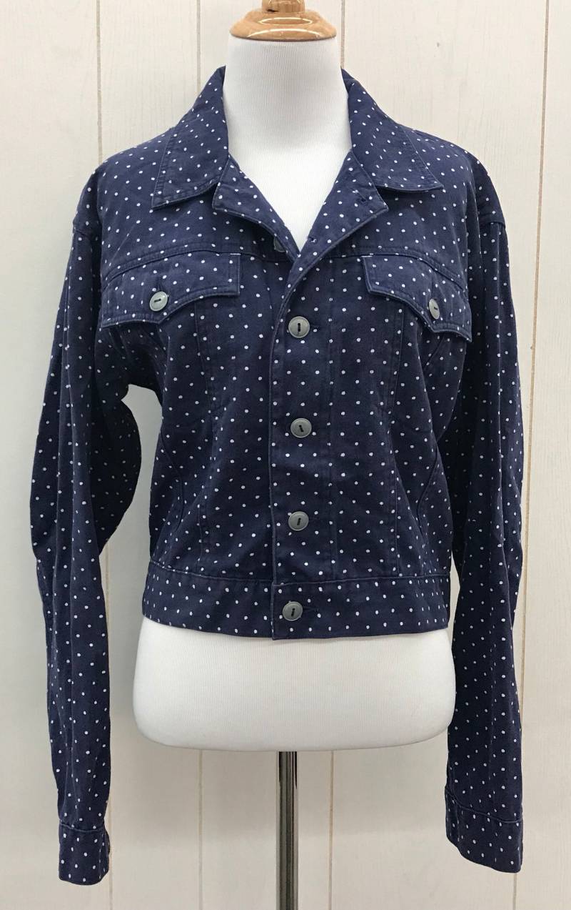 Vintage Jacke Esprit Navy/Weiß Gepunktetem Ernte Jeansjacke Knopf Vorne 100 % Baumwolle Drop Schulter Medium von Carmelacandyvintage