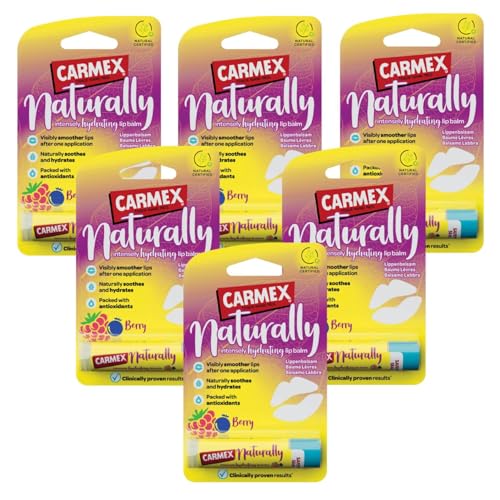 Carmex Moisturising Lip Balm Feuchtigkeitsspendender und schützender Lippenbalsam für trockene und rissige Lippen mit Sonnenschutz (6 Stück, Beeren) von Carmex