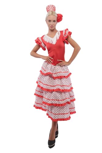 Carnavalife Sevillianisches Kleid für Aprilschere, Flamenco-Kleid Andaluz, rotes Kleid für Sevilliana-Kostüm, Rot/Weiß, Small von Carnavalife