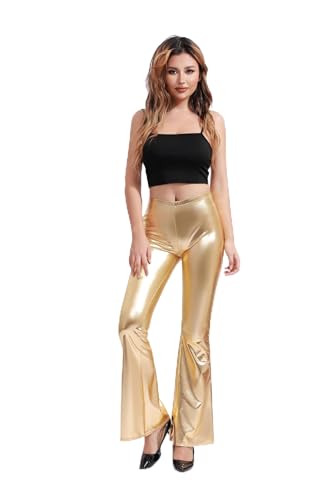 Damen-Leggings mit hoher Taille, glänzend, metallisch, 80er-Jahre, lange Leggins für Tanz, Tanz, Sport und Karneval, gold, S von Carnavalife