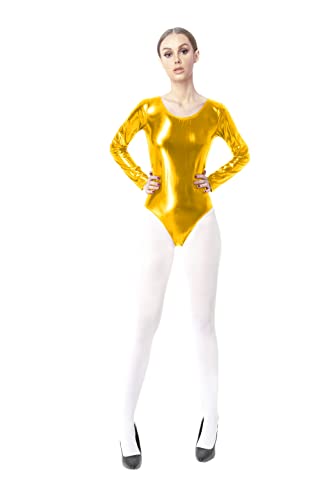 Trikot für Damen, glänzend, für Rhythmus, für Damen, Ballett, Tanz, langärmlig, Body-Shirt für Damen, gold, XXL von Carnavalife