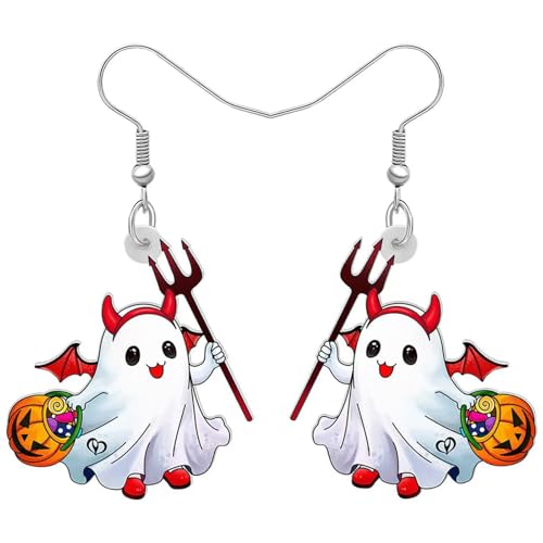 Carniee Acryl Kreative Horrible Halloween Geist mit Kürbis Ohrringe Spooky Hexenhut Baumeln Tropfen Ohrringe Schmuck Geschenke für Festival Dekorationen Für Frauen Geeignet Rot von Carniee