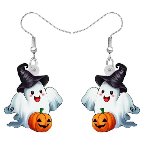 Carniee Acryl Kreative Horrible Halloween Geist mit Kürbis Ohrringe Spooky Hexenhut Baumeln Tropfen Ohrringe Schmuck Geschenke für Festival Dekorationen Für Frauen Geeignet Schwarz von Carniee