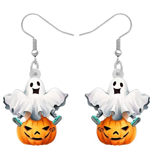 Carniee Acryl Kreative Horrible Halloween Geist mit Kürbis Ohrringe Spooky Hexenhut Baumeln Tropfen Ohrringe Schmuck Geschenke für Festival Dekorationen Für Frauen Geeignet Weiß von Carniee