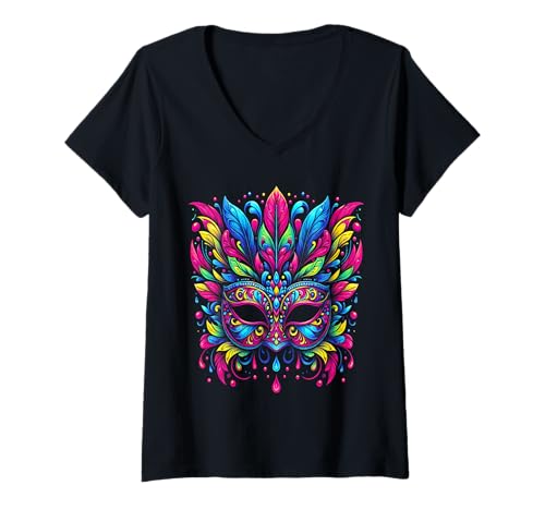 Damen Bunte Karnevalsmaske Brasilien Rio de Janeiro Circus T-Shirt mit V-Ausschnitt von Carnival Mask Rio Brazil Circus Mardi Gras Orleans