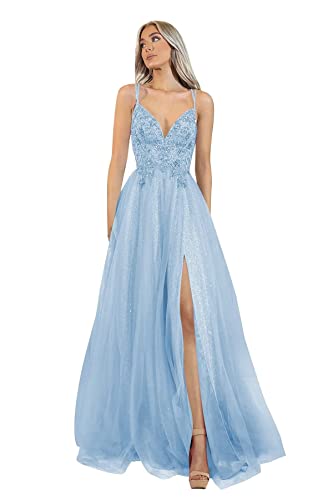 Carnivalprom Damen Appliques Ballkleider Lang Elegant Tüll Spitze Abendkleider Formelle Abschlussball Kleider(Hellblau,46) von Carnivalprom