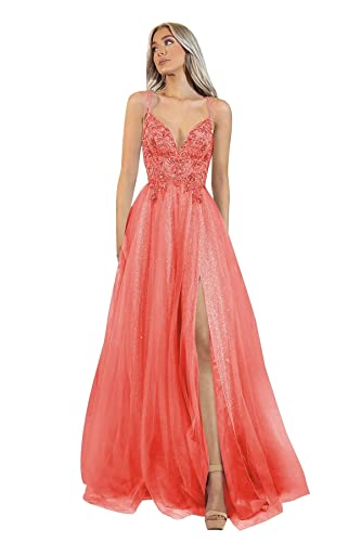 Carnivalprom Damen Appliques Ballkleider Lang Elegant Tüll Spitze Abendkleider Formelle Abschlussball Kleider(Koralle,46) von Carnivalprom