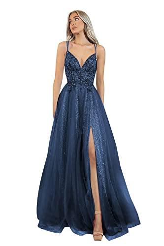 Carnivalprom Damen Appliques Ballkleider Lang Elegant Tüll Spitze Abendkleider Formelle Abschlussball Kleider(Navy Blau,36) von Carnivalprom