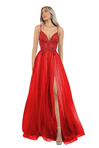 Carnivalprom Damen Appliques Ballkleider Lang Elegant Tüll Spitze Abendkleider Formelle Abschlussball Kleider(Rot,36) von Carnivalprom