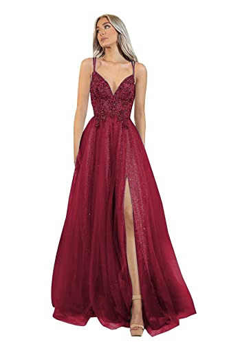 Carnivalprom Damen Appliques Ballkleider Lang Elegant Tüll Spitze Abendkleider Formelle Abschlussball Kleider(Weinrot,38) von Carnivalprom