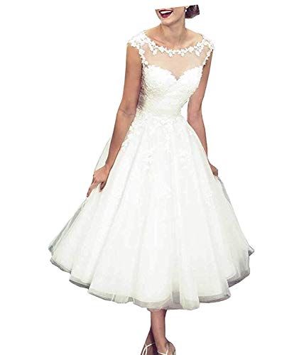 Carnivalprom Damen Rundhals Hochzeitskleid Elegant Standesamt Ärmellos Brautkleid Teelänge (Elfenbein 03,44) von Carnivalprom