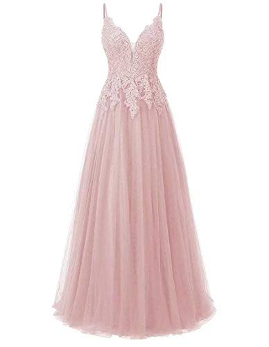 Carnivalprom Damen Spitze Abendkleider Für Hochzeit Elegant Brautkleid Spaghetti-Träger Ballkleider(Blush Lang,34) von Carnivalprom