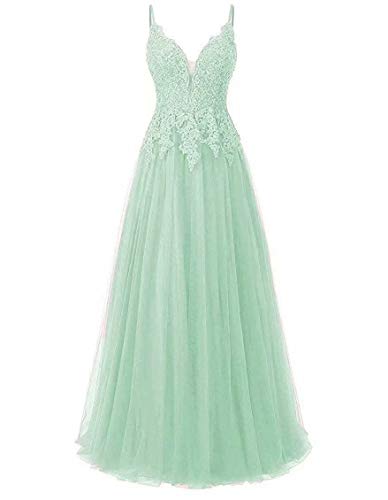 Carnivalprom Damen Spitze Abendkleider Für Hochzeit Elegant Brautkleid Spaghetti-Träger Ballkleider(Minze Lang,32) von Carnivalprom