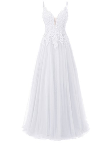 Carnivalprom Damen Spitze Abendkleider Für Hochzeit Elegant Brautkleid Spaghetti-Träger Ballkleider(Weiß,36) von Carnivalprom