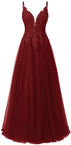 Carnivalprom Damen Spitze Abendkleider Für Hochzeit Elegant Brautkleid Spaghetti-Träger Ballkleider (36, Weinrot) von Carnivalprom