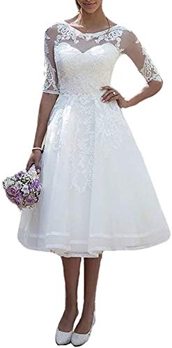 Carnivalprom Damen Spitze Hochzeitskleid Brautkleid mit Ärmeln Sheer Rundhals Abendkleider (42, Elfenbein) von Carnivalprom