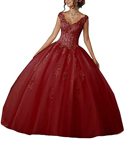 Carnivalprom Damen V-Ausschnitt Quinceanera Kleider Mit Spitze Abendkleider Lang Hochzeitskleider Elegant Ballkleid(Burgund,32) von Carnivalprom