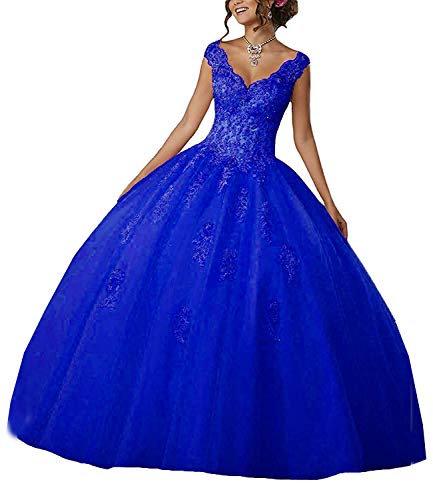 Carnivalprom Damen V-Ausschnitt Quinceanera Kleider Mit Spitze Abendkleider Lang Hochzeitskleider Elegant Ballkleid(Königsblau,42) von Carnivalprom