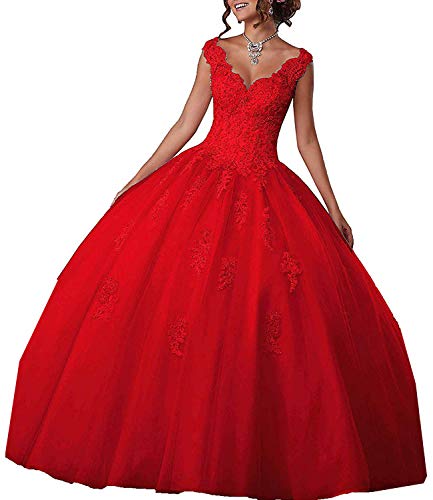 Carnivalprom Damen V-Ausschnitt Quinceanera Kleider Mit Spitze Abendkleider Lang Hochzeitskleider Elegant Ballkleid(Rot,42) von Carnivalprom