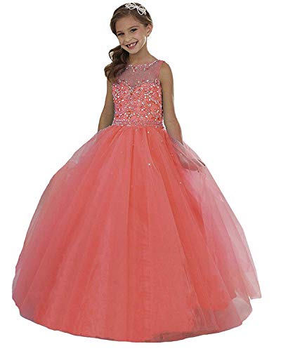 Carnivalprom Mädchen Blumenmädchen Kleider Bodenlanges Erste Kommunikation Kleider Perlstickerei Brautjungfern Kleid Prinzessin(Koralle,8-9 Jahre) von Carnivalprom