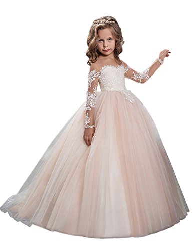 Carnivalprom Mädchen Blumenmädchenkleider Mit Ärmeln Bodenlanges Kinderkleid Erste Kommunikation Kleider Partyskleid(Erröten,6-7 Jahre) von Carnivalprom