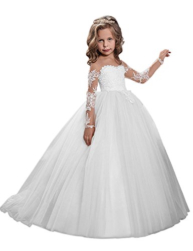 Carnivalprom Mädchen Blumenmädchenkleider Mit Ärmeln Bodenlanges Kinderkleid Erste Kommunikation Kleider Partyskleid(Weiß,8-9 Jahre) von Carnivalprom